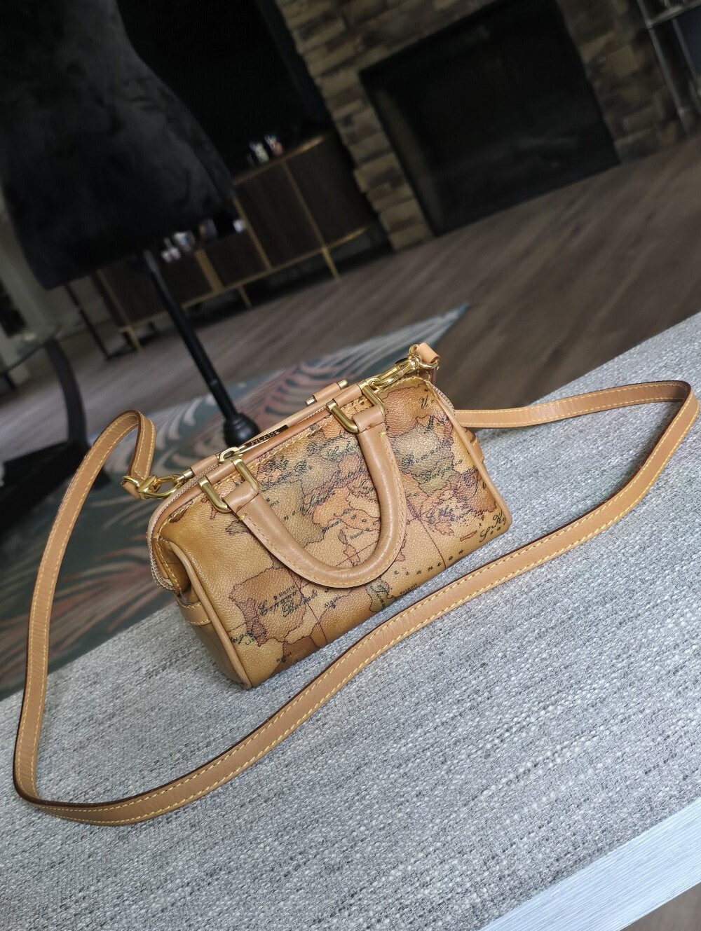 Authentic Alviero Martini Map-Print Tan Crossbody Satchel